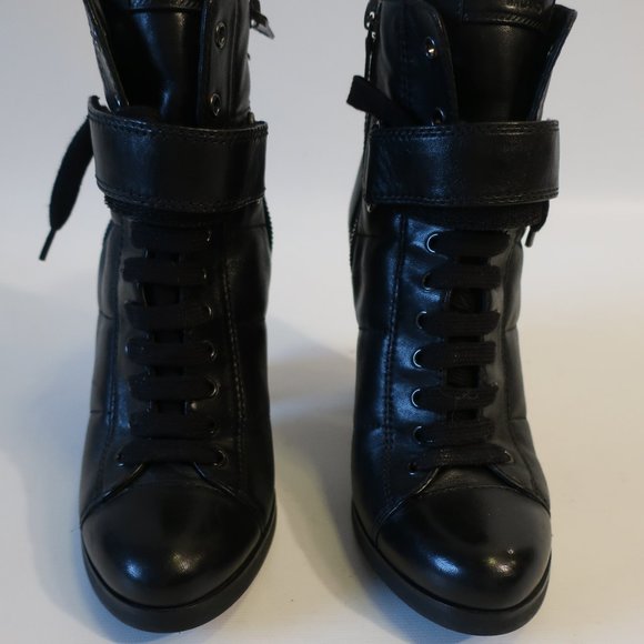 Womens Prada Black Leather Lace-Up Block Heeled Combat Booties 38.5 US/8.5 * - Picture 4 of 16
